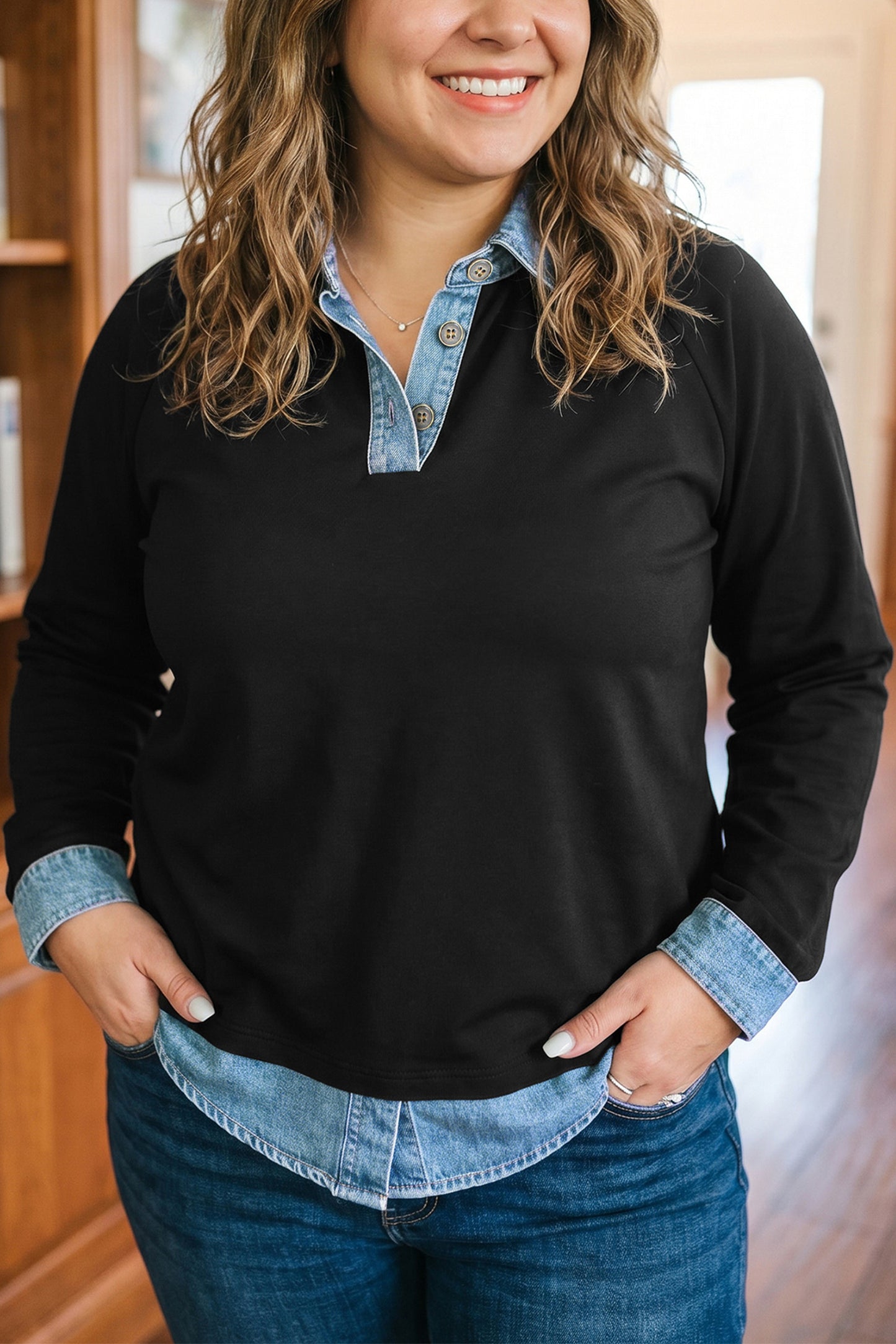 Black Solid Colorblock Long Sleeve V-Neck Plus Size Blouse