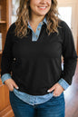 Black Solid Colorblock Long Sleeve V-Neck Plus Size Blouse