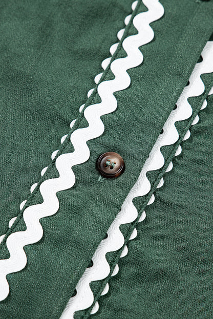 Canton Contrast Ricrac Trim Button V Neck Knotted Bracelet Sleeve Dress