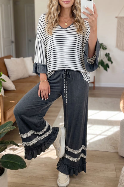 Gray Stripe V Neck Ruffle Contrast Sleeve Drawstring Pants 2pcs Set