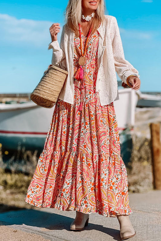 Boho Holiday Paisley Print Tiered Long Sleeve Maxi Dress