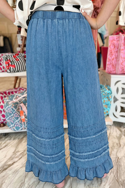 Beau Blue Ruffled Hem Wide Leg Chambray Pants