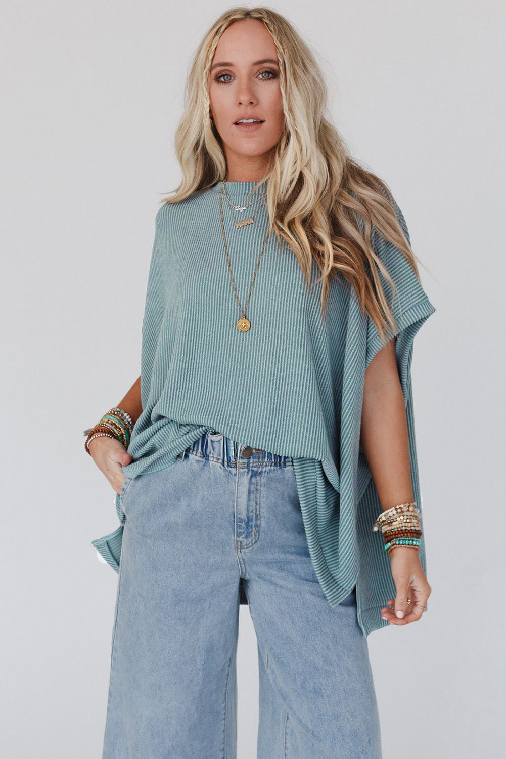 Ribbed Knit Batwing Sleeve Tunic Oversized T Shirt