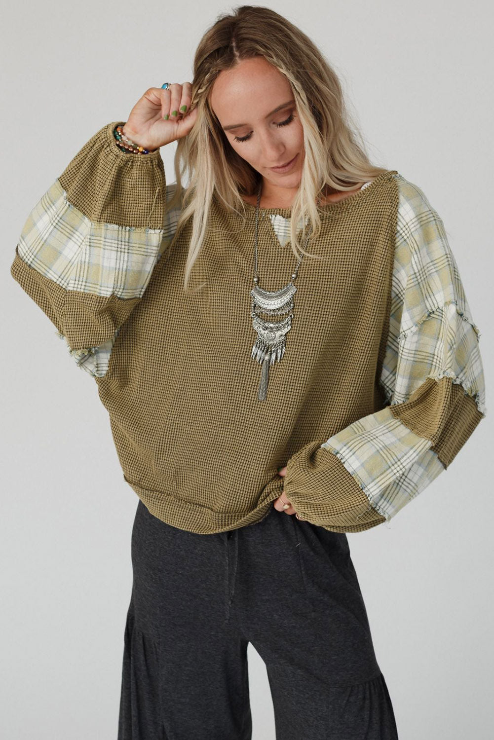 Green Plaid Patch Waffle Knit Exposed Seam Bubble Sleeve Top