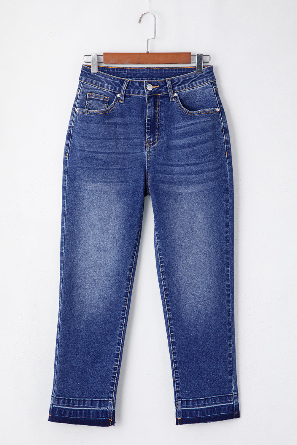 Dark Blue Whiskered Wash Raw Hem Cropped Jeans