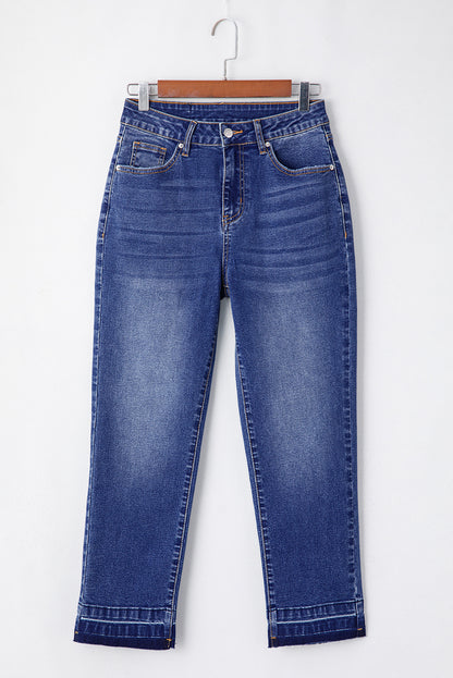 Dark Blue Whiskered Wash Raw Hem Cropped Jeans