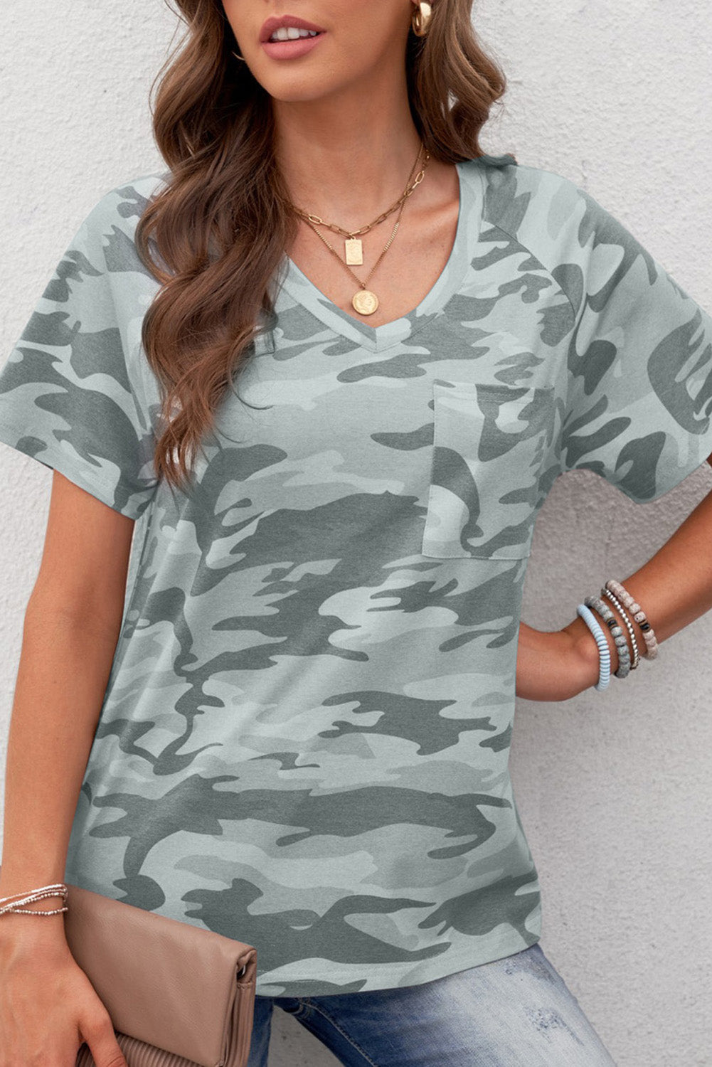 Leopard V Neck Front Pocket Tee