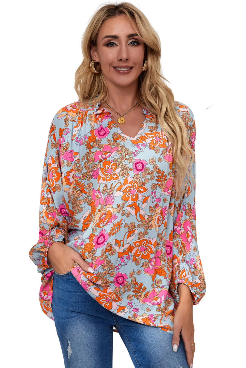 Blue Frilled Off Shoulder Floral Blouse