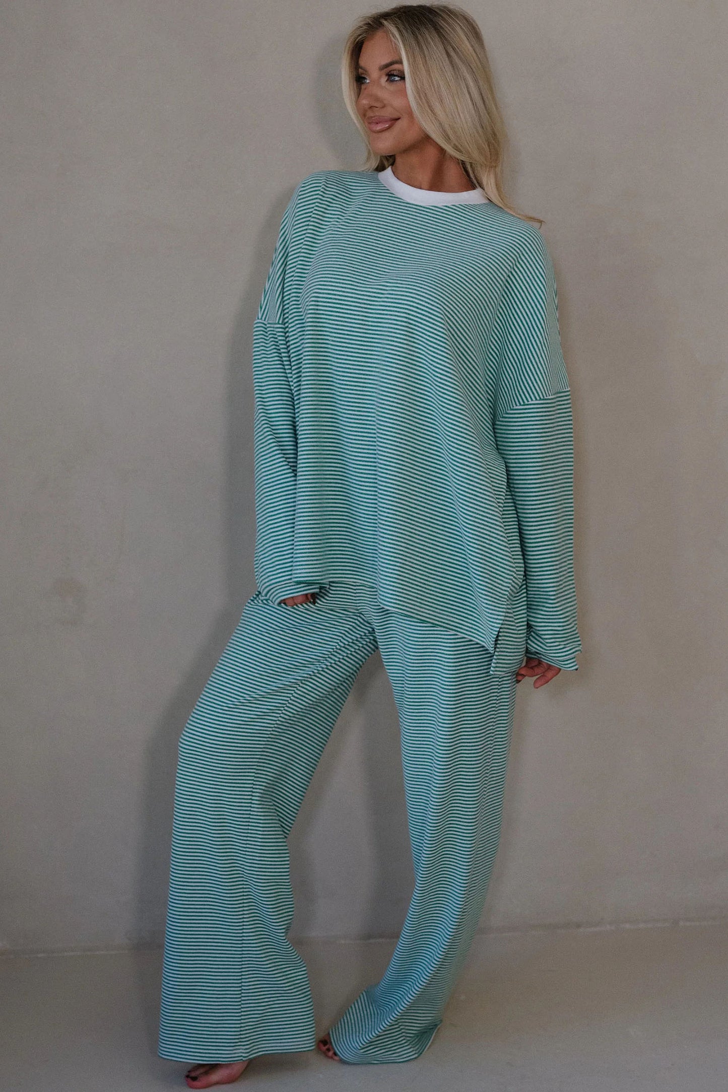 Pink Striped Drop Shoulder Long Sleeve Pant Set