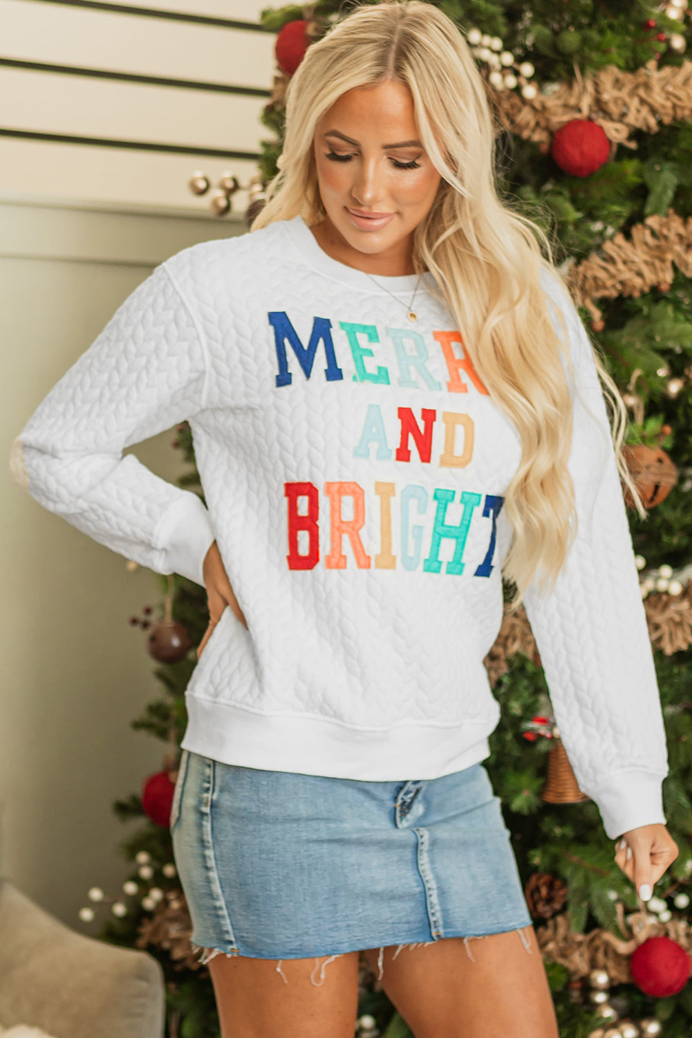 White LUCKY Chenille Embroidered Cable Knit Pullover Sweatshirt