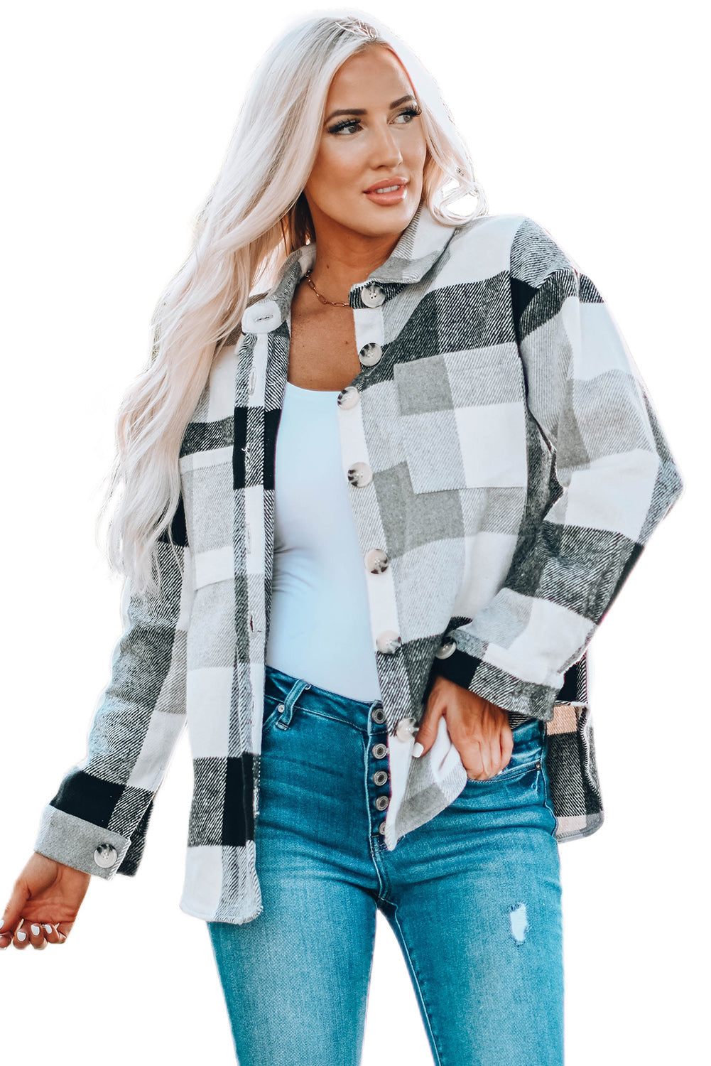 Khaki Plaid Color Block Buttoned Long Sleeve Jacket with Pocket