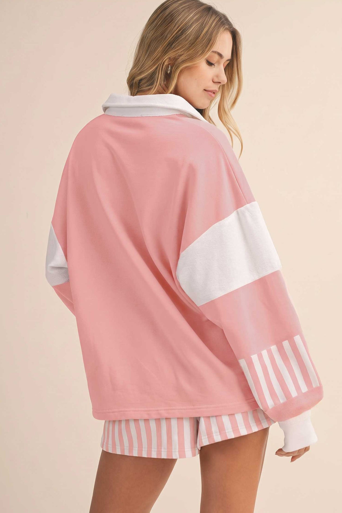 Smoke Green Striped Color Block Pullover Top Drawstring Shorts Set