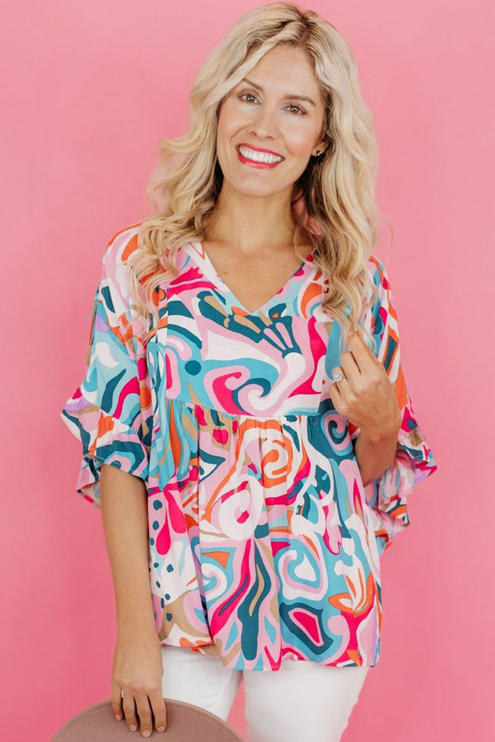 Abstract Print Ruffle V Neck Blouse