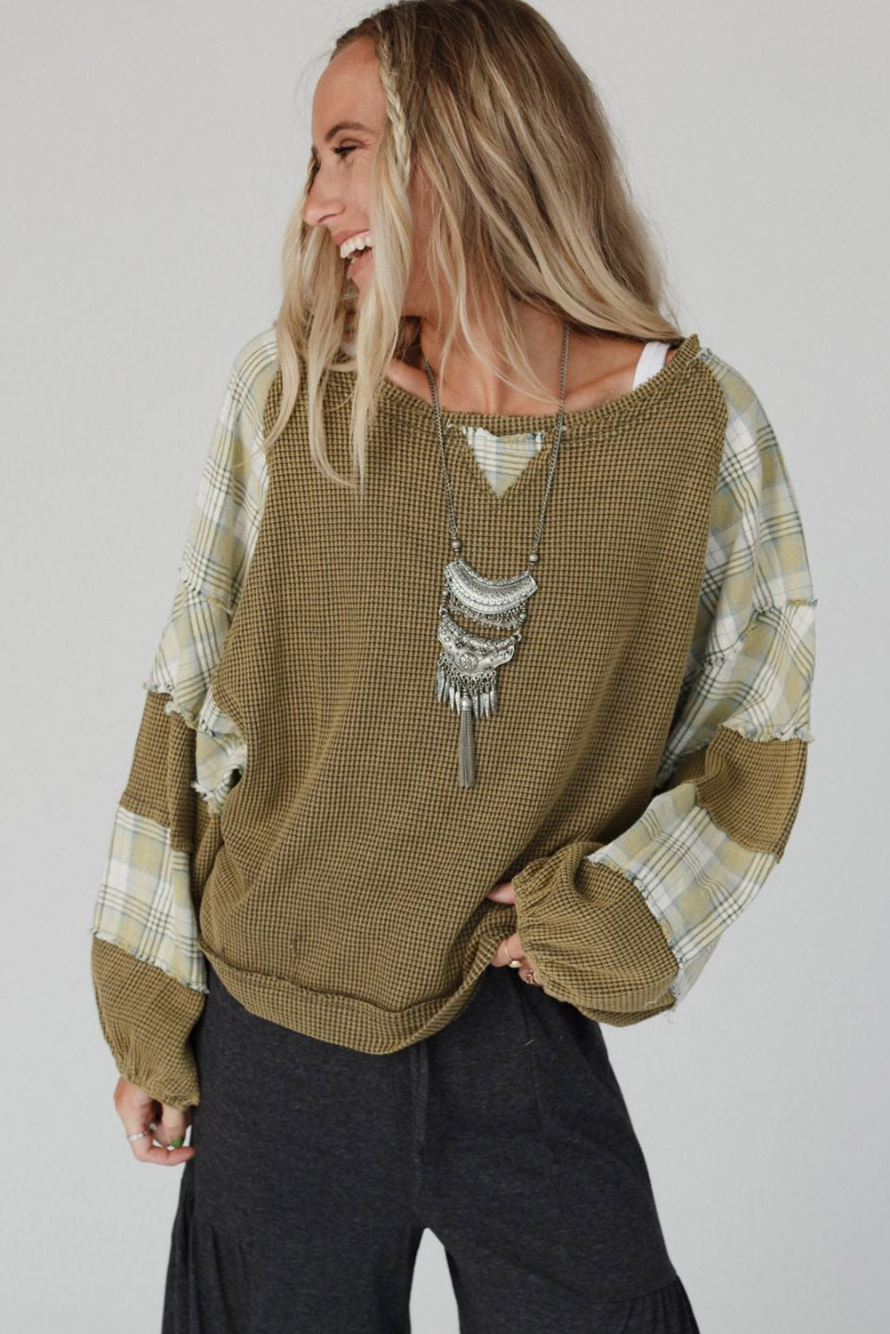 Green Plaid Patch Waffle Knit Exposed Seam Bubble Sleeve Top