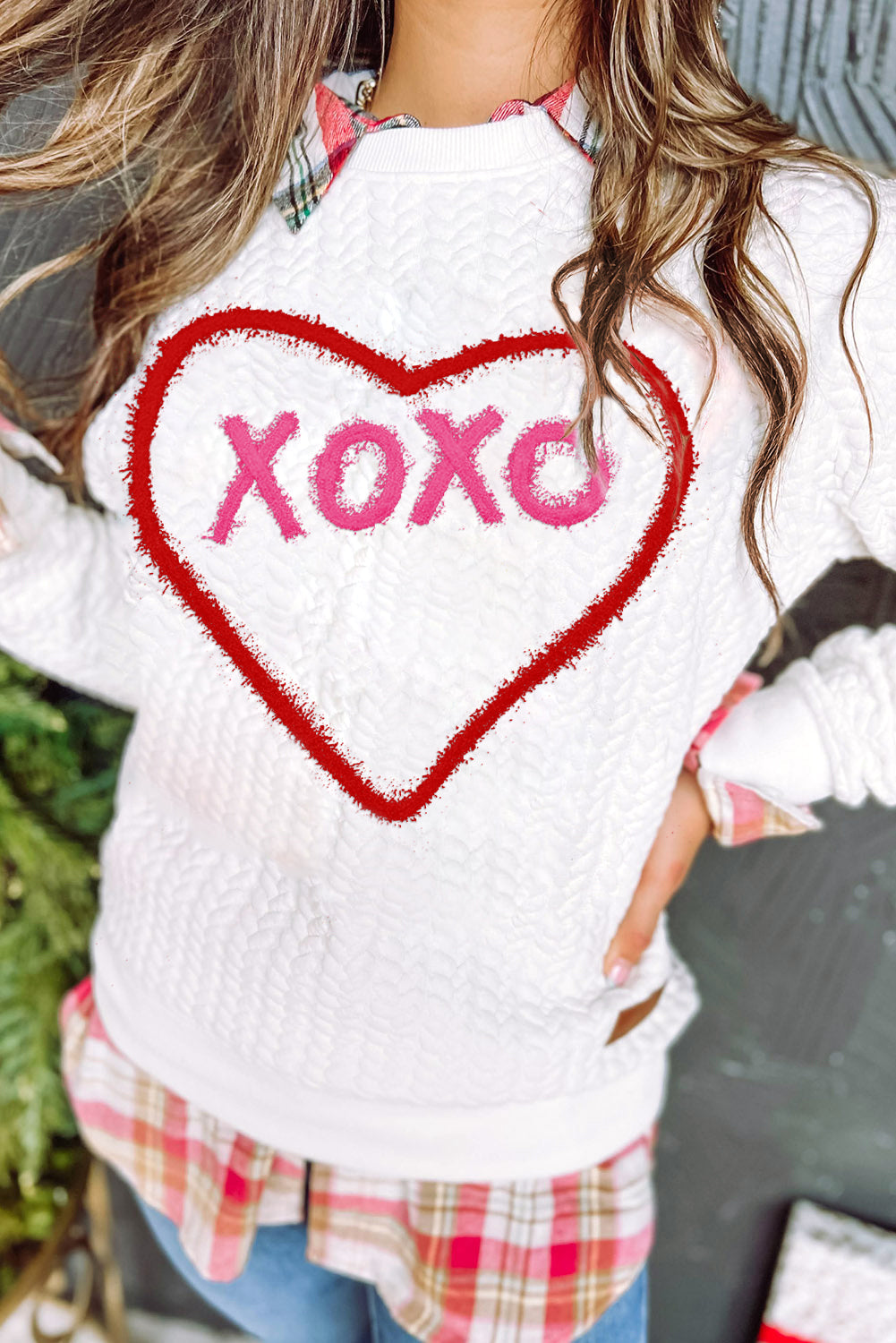 White LUCKY Chenille Embroidered Cable Knit Pullover Sweatshirt