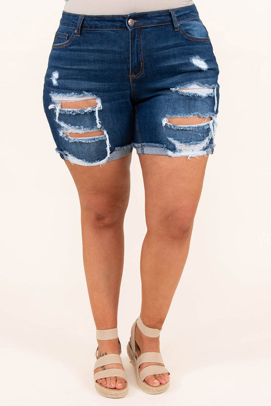 Plus Size Rolled Hem Distressed Denim Shorts