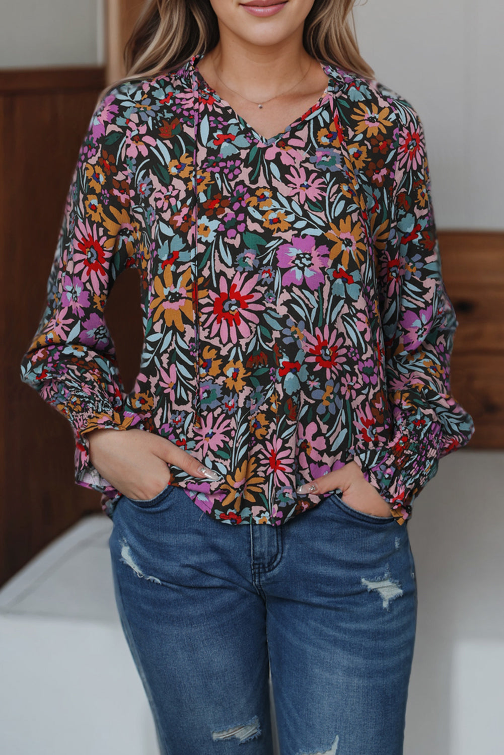 Multicolour Plus Size Floral Smocked Cuffs V-Neck Blouse