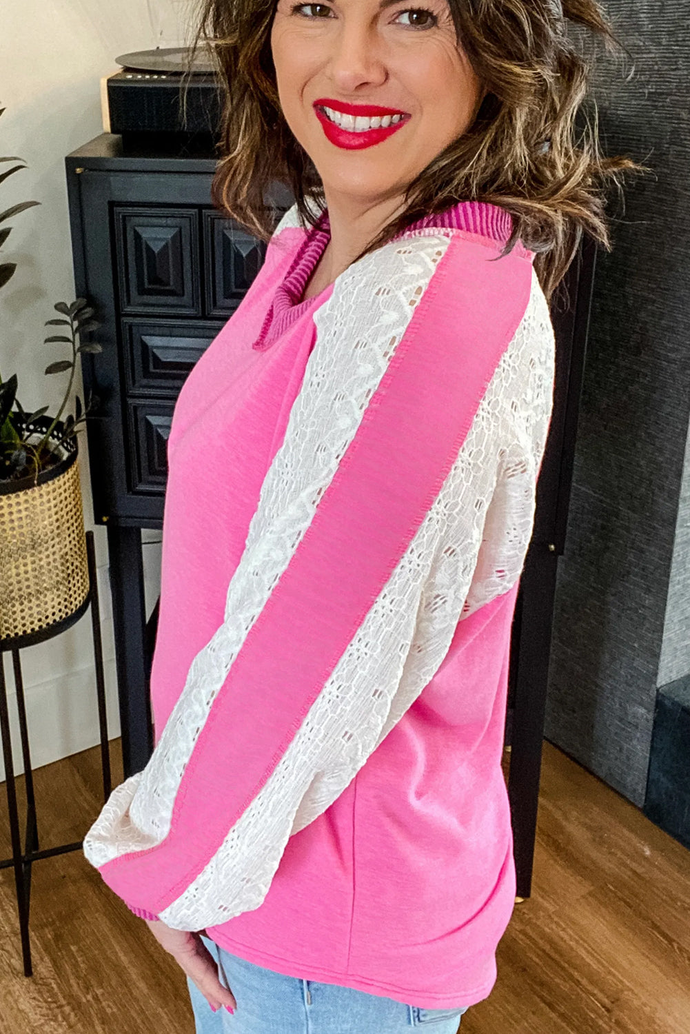 Bonbon Lace Patchwork Corded Trim Plus Size Long Sleeve Top