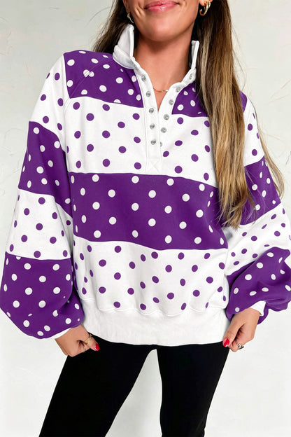 Red Polka Dot Colorblock Half Zip Puff Sleeve Pullover Sweatshirt