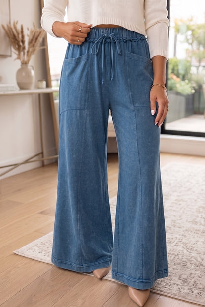 Ashleigh Blue Mineral Wash Seam Detail Flare Leg Drawstring Pants