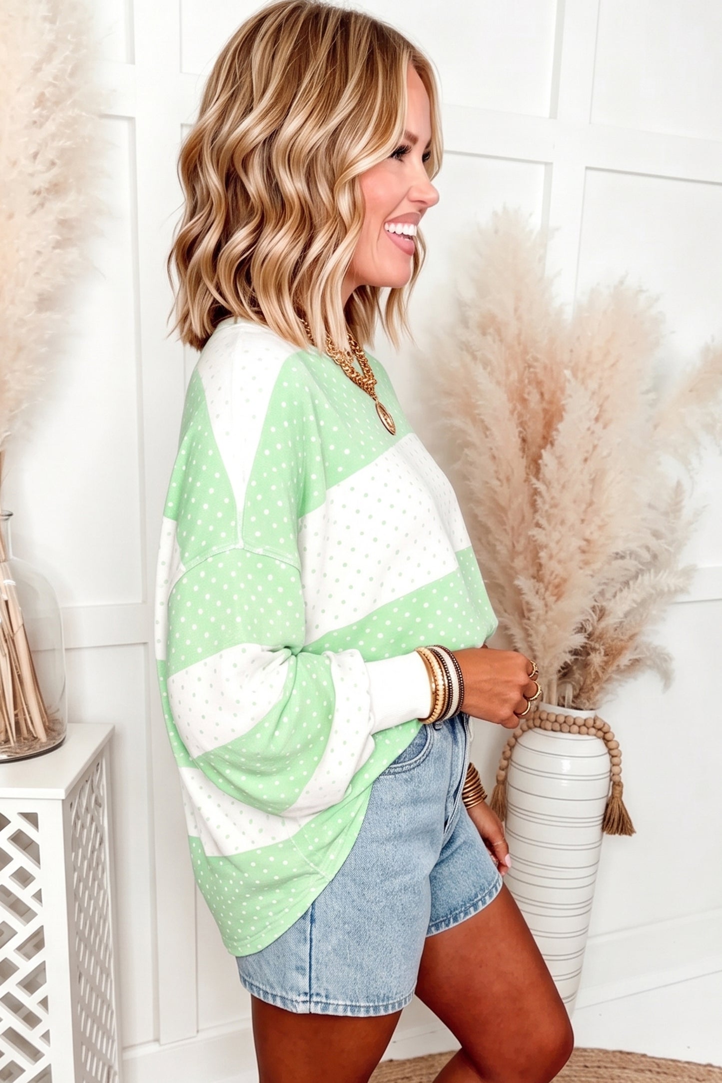 Pink Polka Dot Patchwork Colorblock Long Sleeve Top