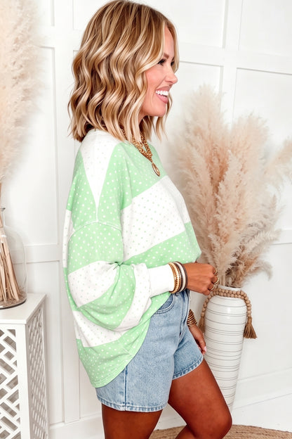 Pink Polka Dot Patchwork Colorblock Long Sleeve Top