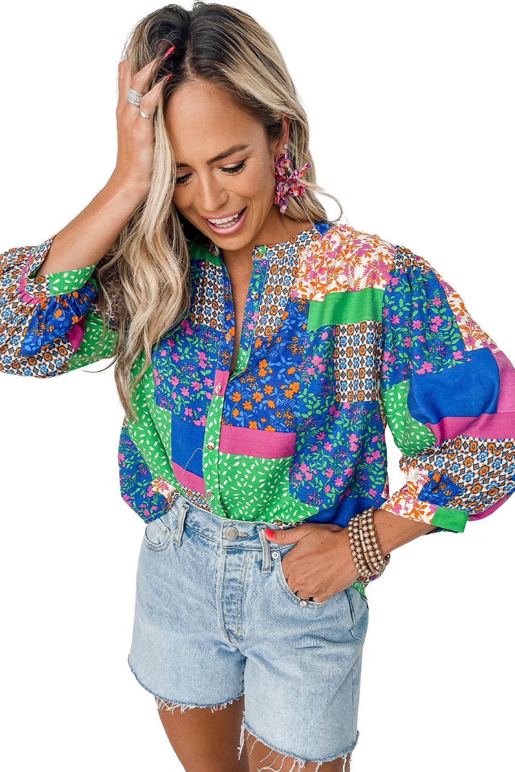 Multicolor Floral Patchwork Print Buttoned Puff Sleeve Shirt