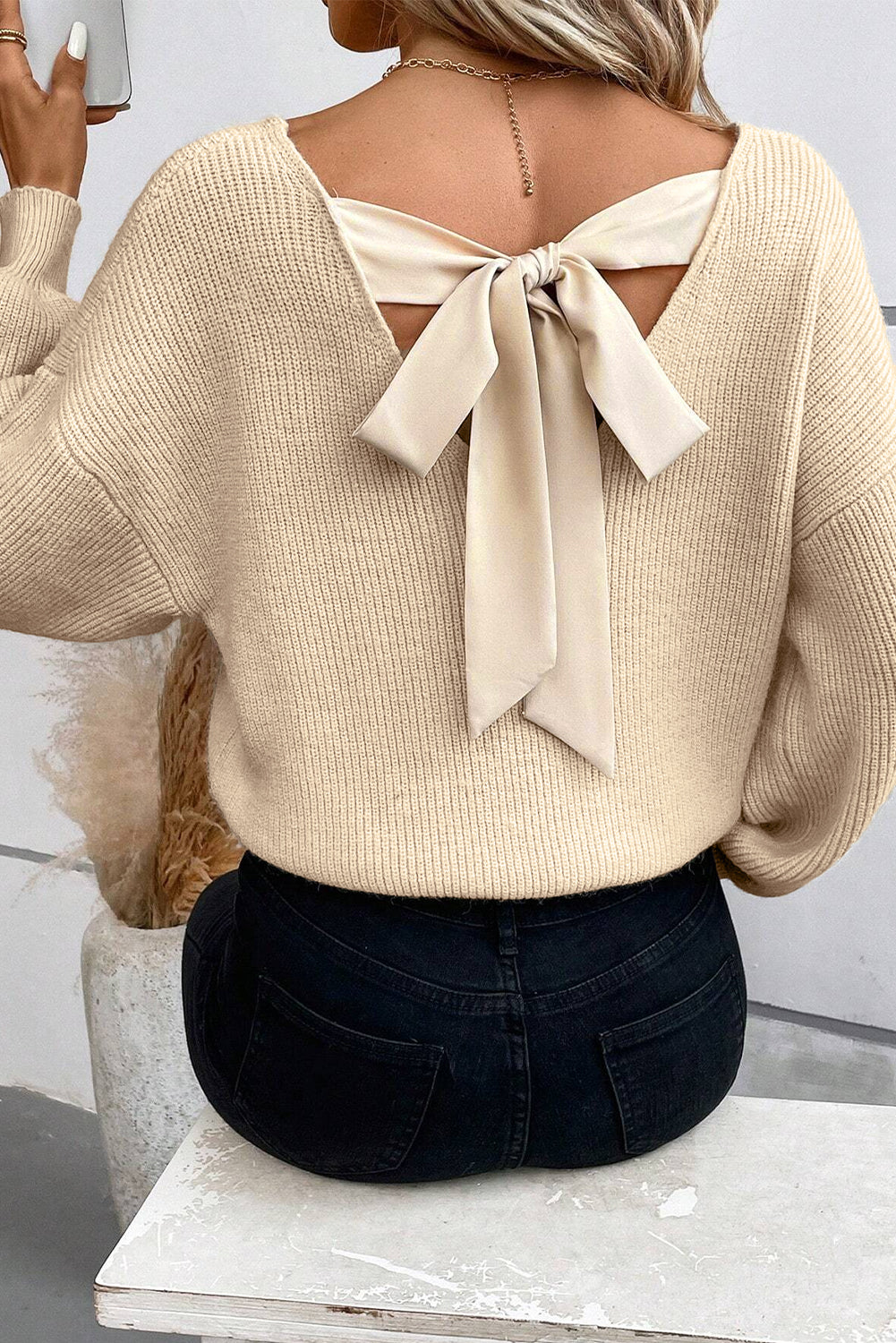 Coffee Lantern Sleeve V Neck Knot Back Sweater