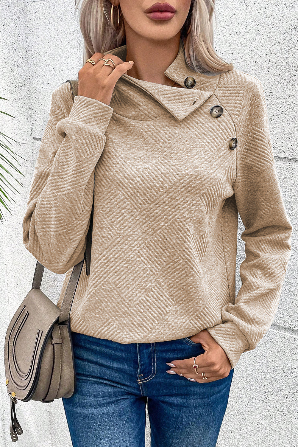 Light Grey Textured Snap Buttons Pullover Plus Size Sweatshirt