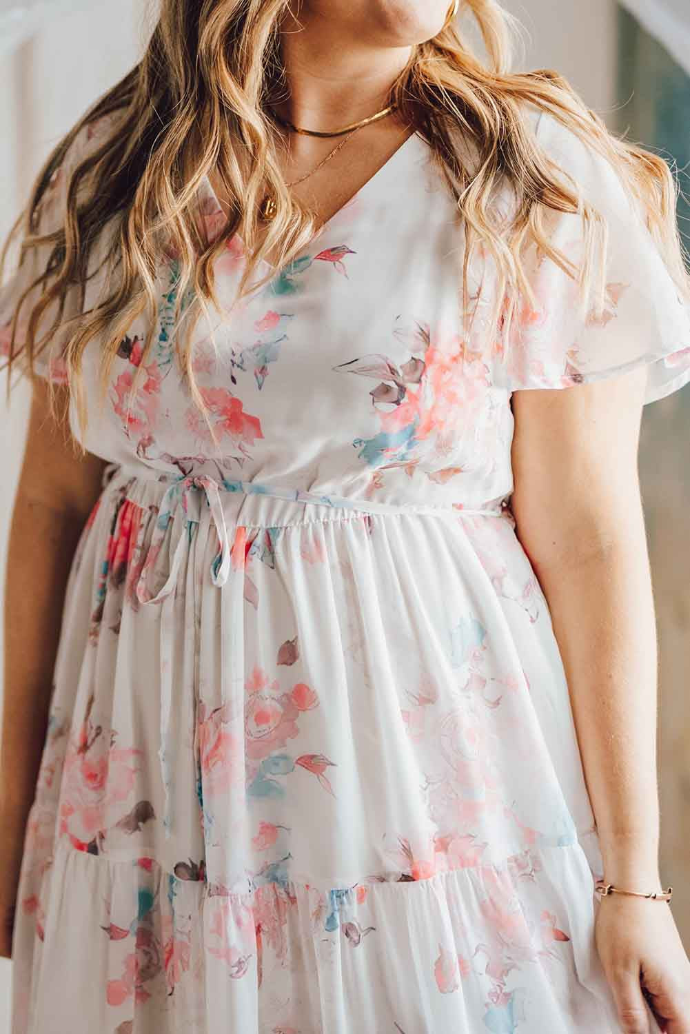 Floral Print Lace-up High Waist Plus Size Maxi Dress