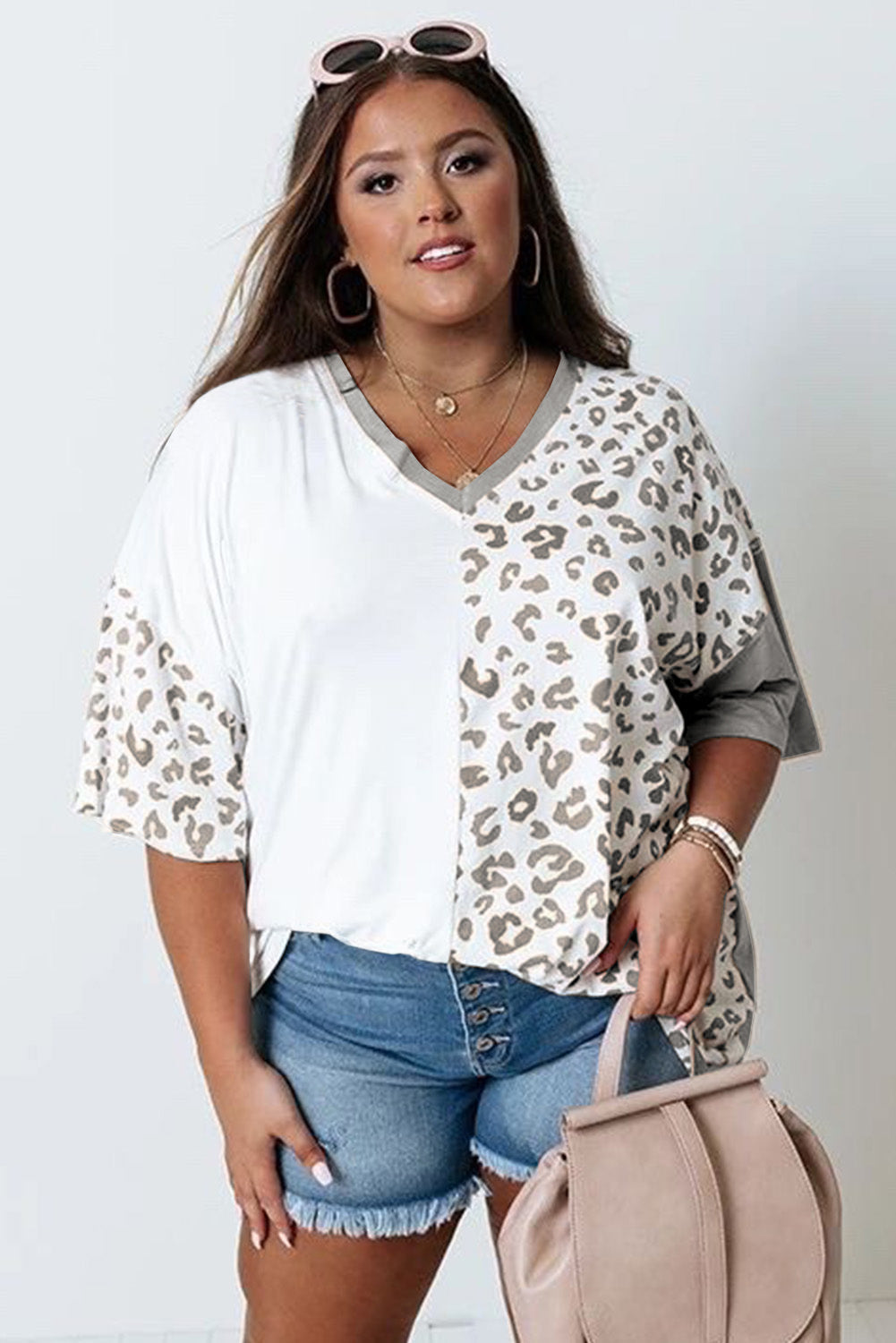 Leopard Patchwork Short Sleeve Plus Size Top