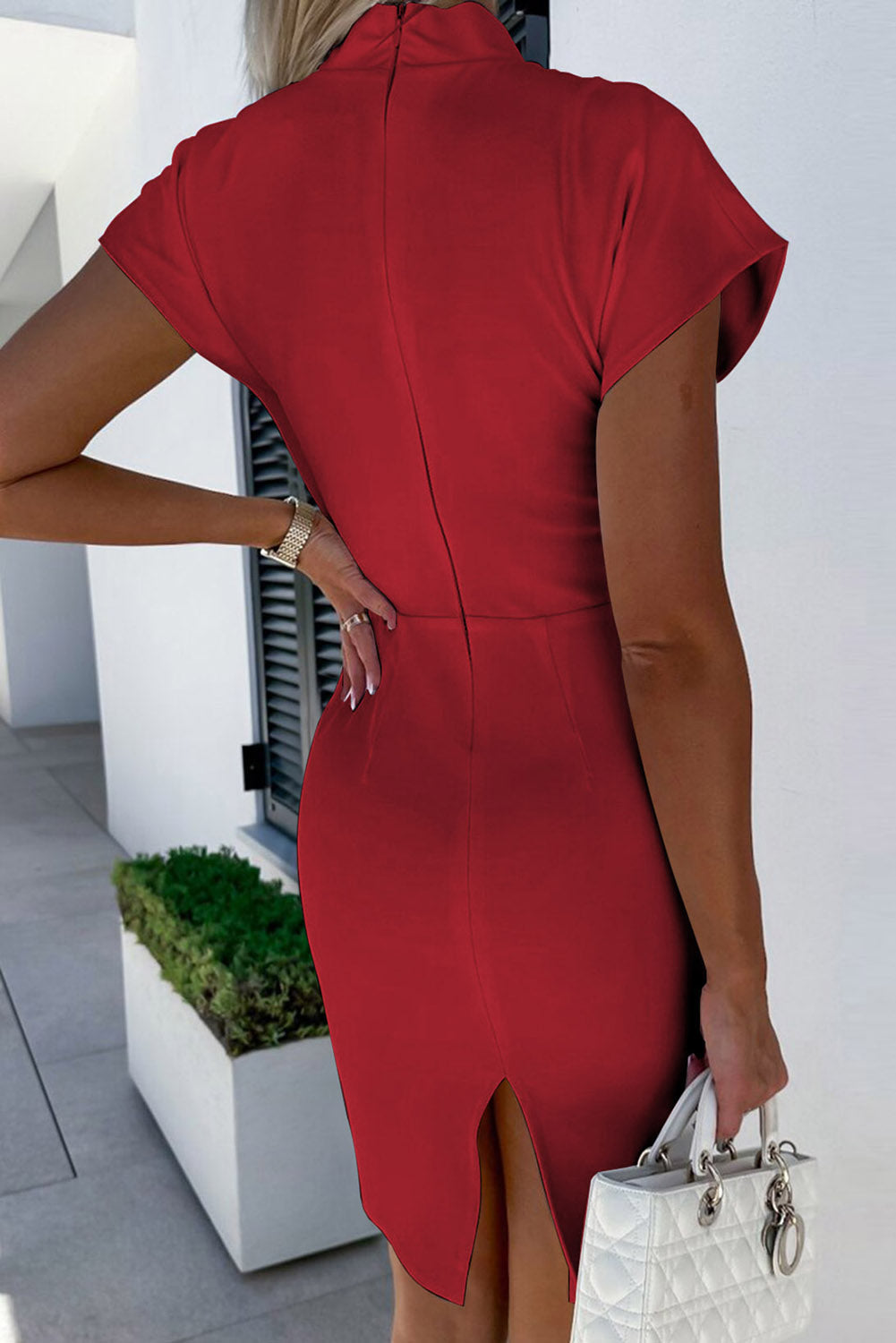 Short Sleeve Deep V-Neck Split Bodycon Dress