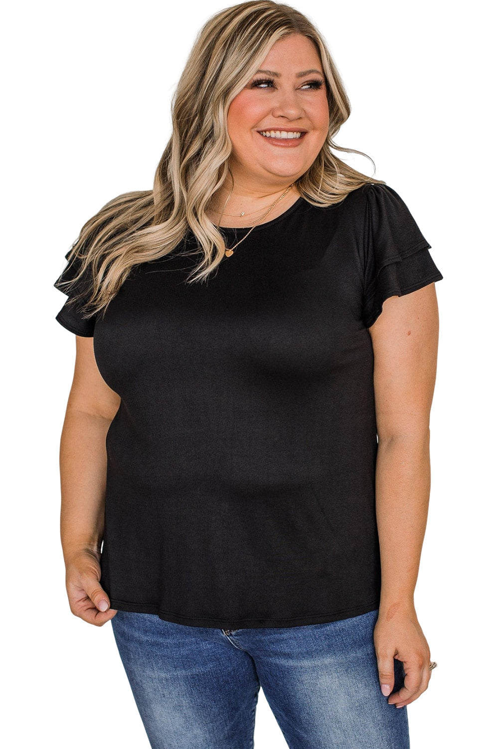 Plus Size Solid Color Ruffled Short Sleeve Top