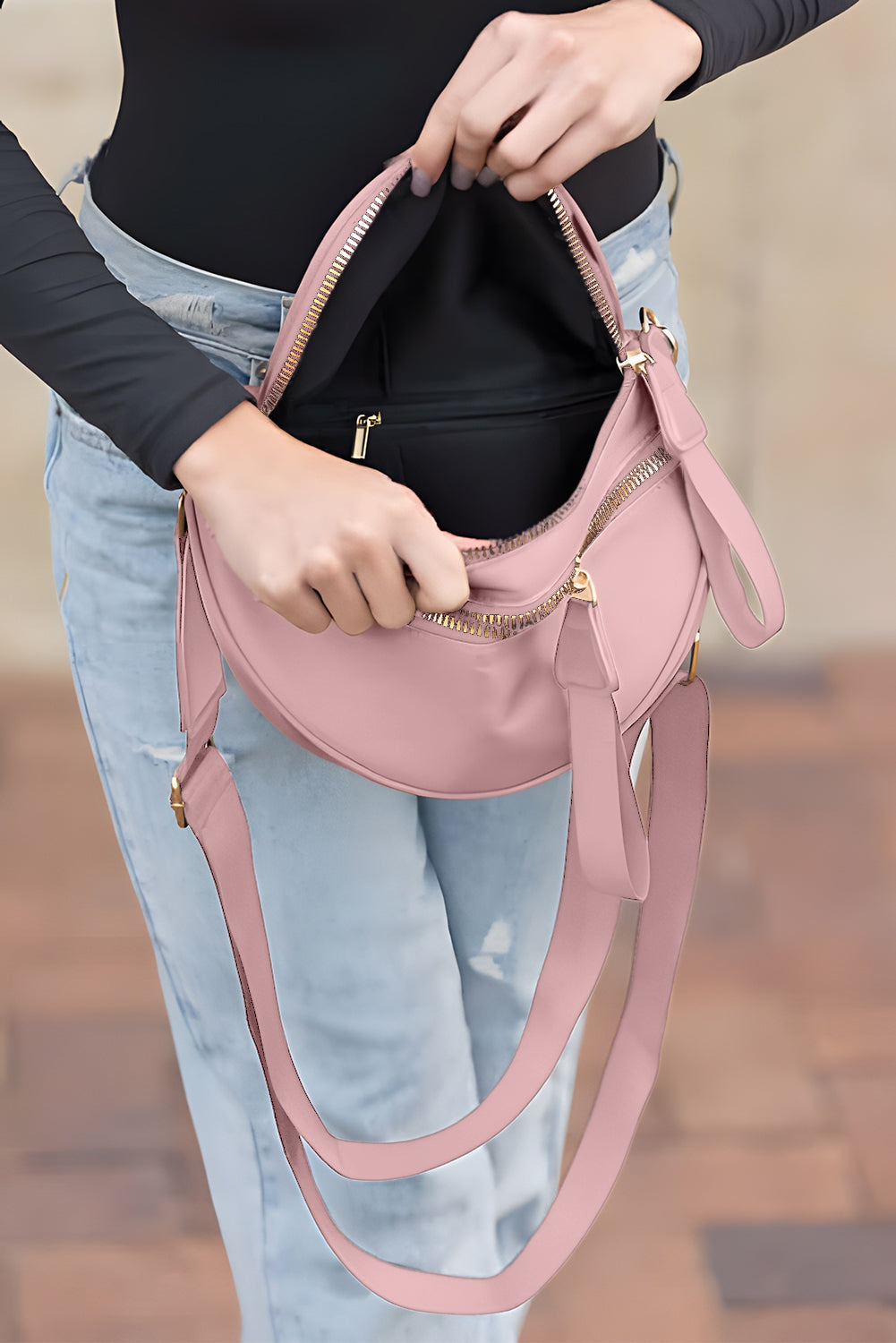 Light Blue Wide Strap Double Zipper Crossbody Bag