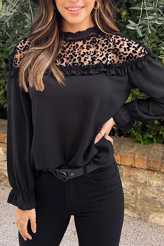 Black Leopard Mesh Splicing Ruffle Long Sleeve Blouse