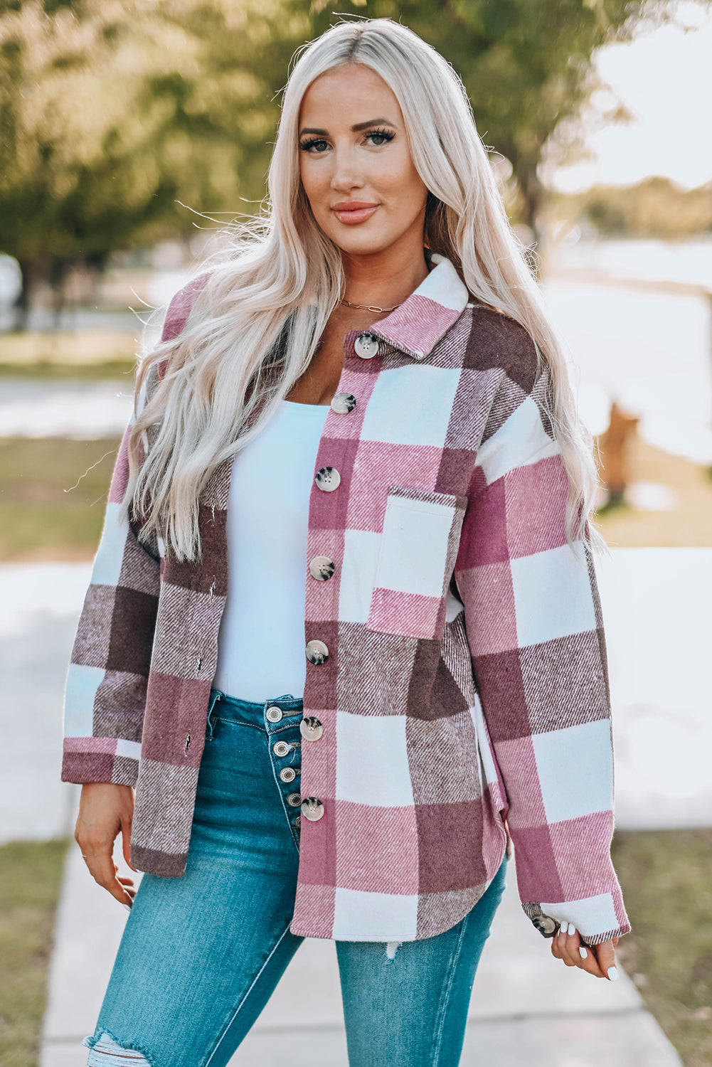 Khaki Plaid Color Block Buttoned Long Sleeve Jacket with Pocket