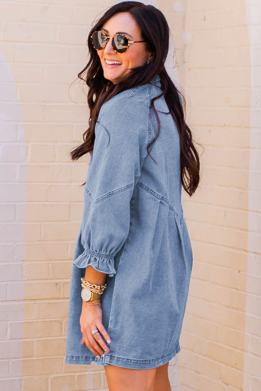 Light Blue Ruffled 3/4 Sleeve Buttoned Front Plus Size Denim Dress