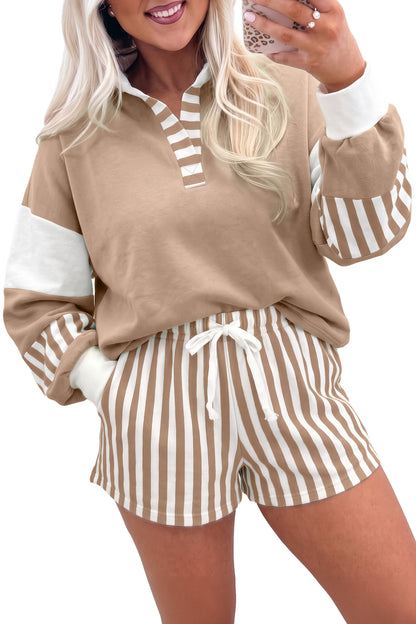 Smoke Green Striped Color Block Pullover Top Drawstring Shorts Set