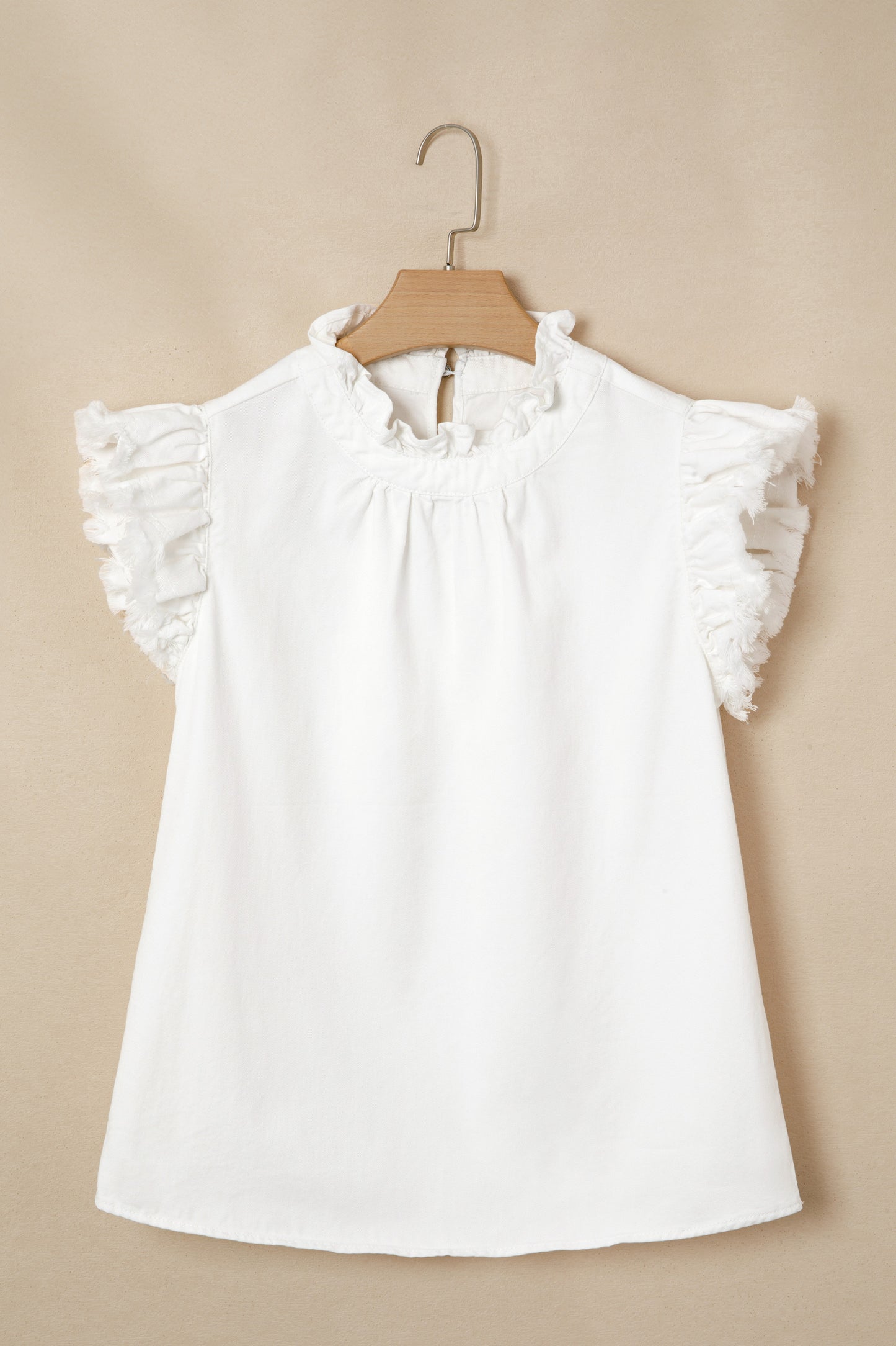 White Frilled Collar Flutter Sleeve Denim Top