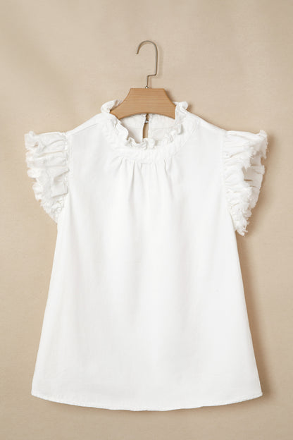 White Frilled Collar Flutter Sleeve Denim Top