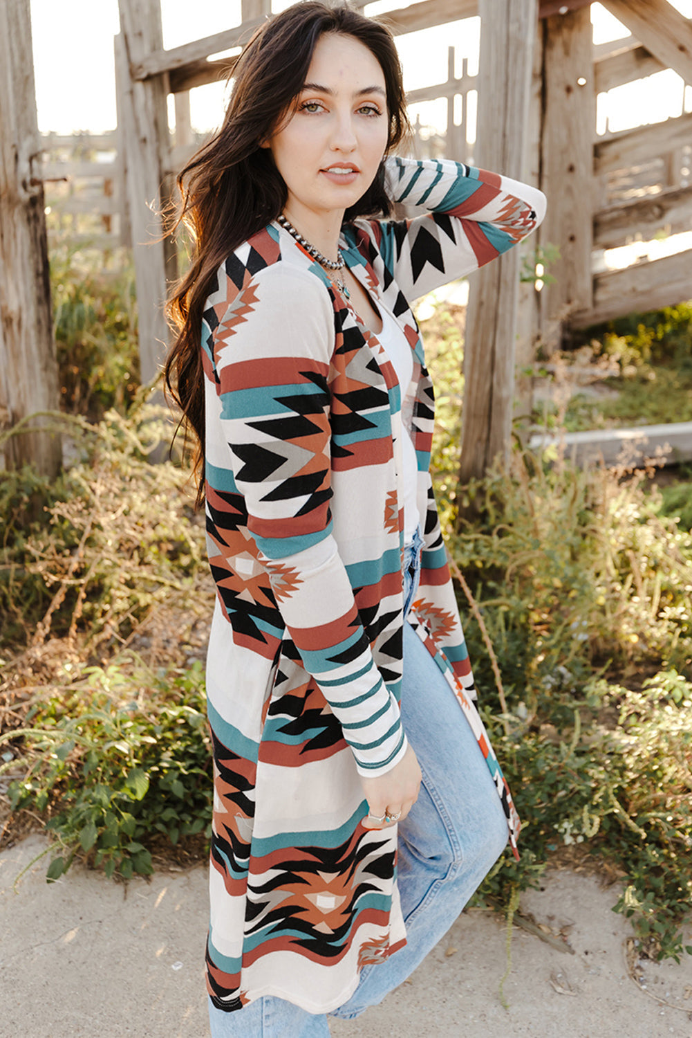 Multicolor Plus Size Geometric Print Open Front Long Cardigan