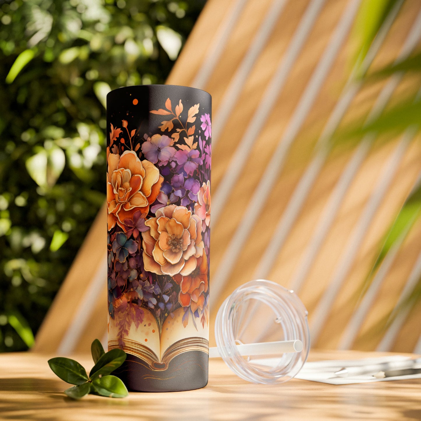 Floral Book Skinny Tumbler with Straw, 20oz