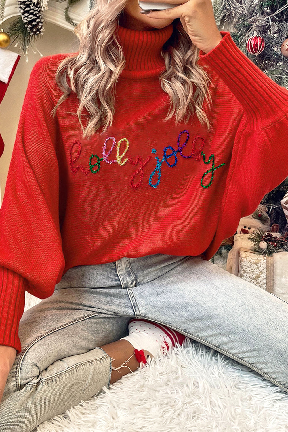 Racing Red Valentine LOVE Letter Embroidered High Neck Sweater