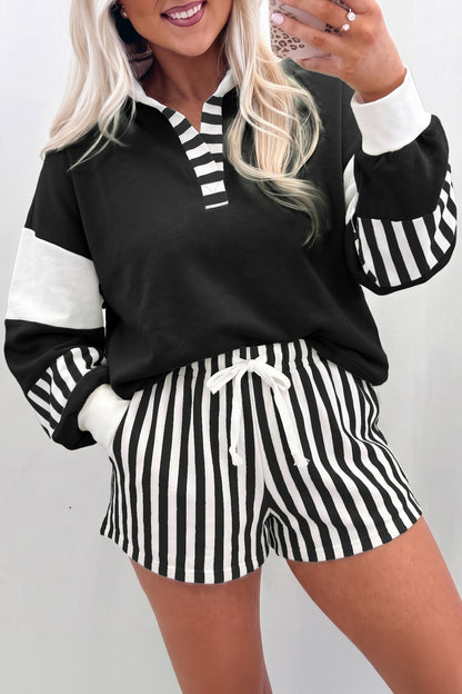 Smoke Green Striped Color Block Pullover Top Drawstring Shorts Set