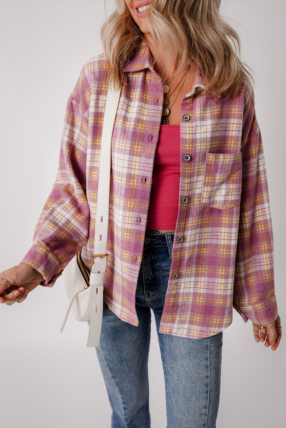 Pink Plaid Print Chest Pocket Long Sleeve Shacket