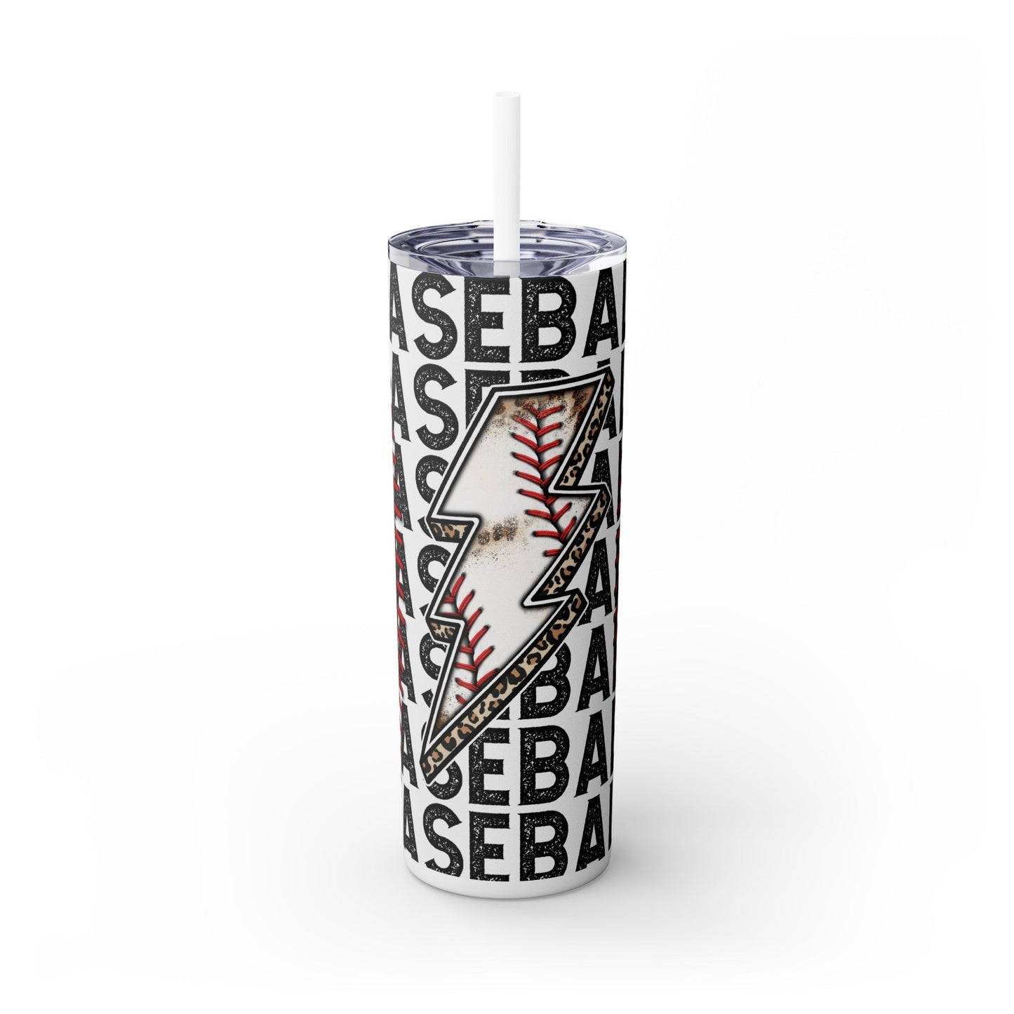 Leopard Baseball Lightning Bolt Skinny Tumbler with Straw, 20oz