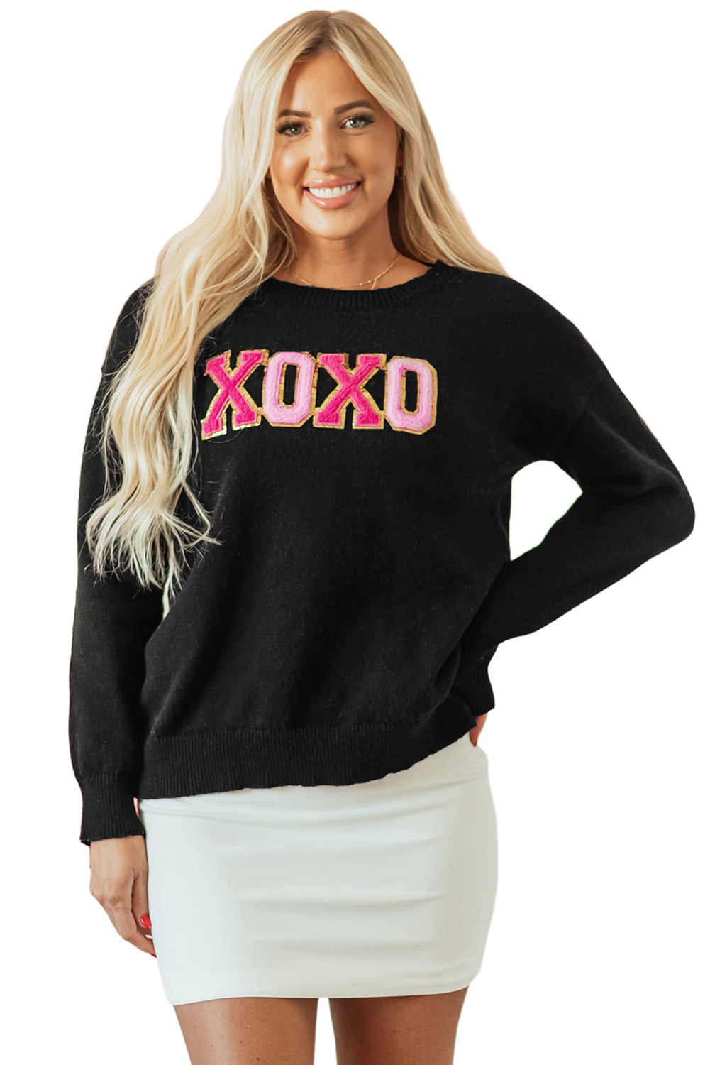 White XOXO Glitter Print Round Neck Casual Sweater