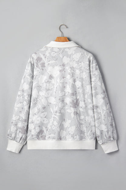 Gray Floral Print Quarter Zip Stand Neck Long Sleeve Sweatshirt