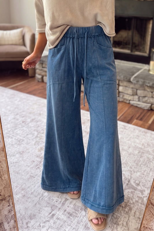 Ashleigh Blue Mineral Wash Seam Detail Flare Leg Drawstring Pants