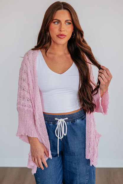 Pink Drop Shoulder Crochet Knit Open Front Cardigan